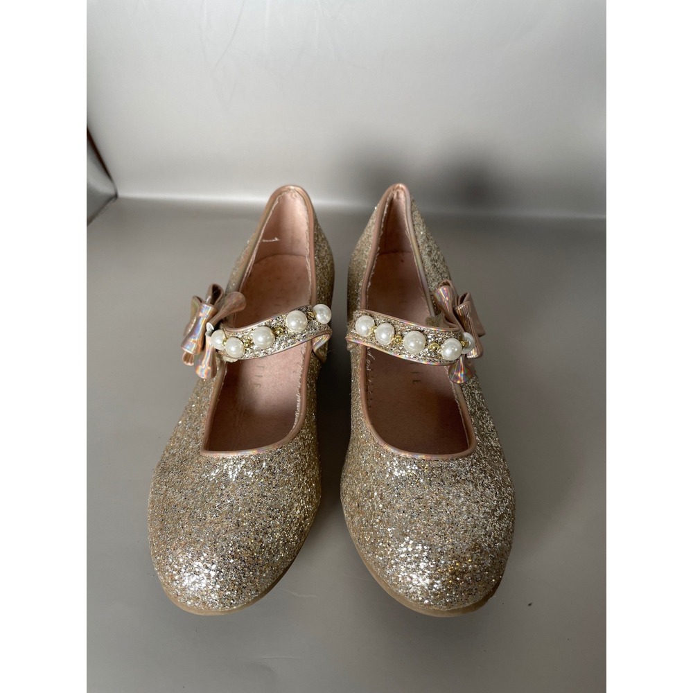 Kelly & Katie Gisele Gold Glitter Pearl Bow Mary Jane Block Heels Kids Size 12M